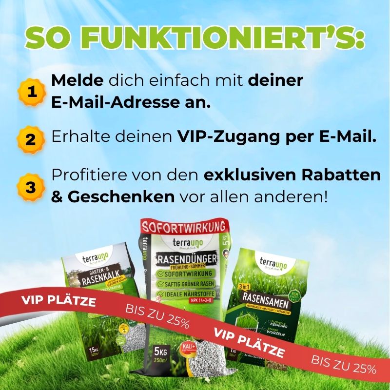 Anleitung mit drei Schritten zur Anmeldung per E-Mail für exklusive Rabatte und Geschenke auf Terrauno-Produkte wie Rasendünger und Rasensamen, auf grün-gelbem Hintergrund mit Bildern der Produkte.