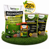 Die Verpackung von TerraUno Sommerset mit Unkrautvernichter, bestehend aus Dünger, Grassamen und Unkrautentferner, ist auf grünem Gras mit einem gelben 20-Rabatt-Etikett an der Spitze abgebildet.