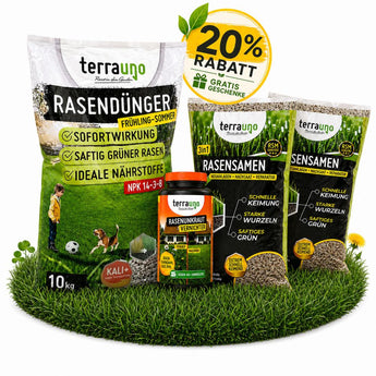 Die Verpackung von TerraUno Sommerset mit Unkrautvernichter, bestehend aus Dünger, Grassamen und Unkrautentferner, ist auf grünem Gras mit einem gelben 20-Rabatt-Etikett an der Spitze abgebildet.