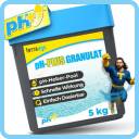 Ein blau-grauer 5-kg-Behälter mit dem Poolchemikalienprodukt „pH-Plus Granulat“, verziert mit einem Superhelden-Maskottchen und Etiketten, auf denen die pH-Anhebung, die schnelle Auflösung und die einfache Dosierung hervorgehoben werden.
