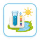 Illustration eines Reagenzglases mit blauer Flüssigkeit, eines pH-Teststreifens mit Farbskala, eines kleinen Teiches und einer strahlenden Sonne im Hintergrund, die die Untersuchung der Wasserqualität darstellt.
