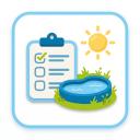 Abbildung einer Checkliste auf einem Klemmbrett, eines kleinen, von Gras umgebenen Pools und einer strahlenden Sonne im Hintergrund, alles innerhalb eines abgerundeten quadratischen Rahmens.