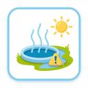 Illustration einer dampfenden heißen Quelle mit einem gelben Warnschild daneben, umgeben von grünem Gras und einer strahlenden Sonne am Himmel.