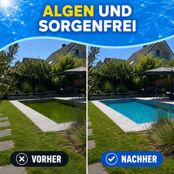 Geteiltes Bild eines Hinterhofpools: links mit grünem, algengefülltem Wasser mit der Aufschrift "Vorher", rechts mit klarem blauen Wasser mit der Aufschrift "Nachher". Oben steht der Text "Mit TerraUno Poolstarter-Set zu kristallklarem Wasser" auf einem blauen Wasserhintergrund.