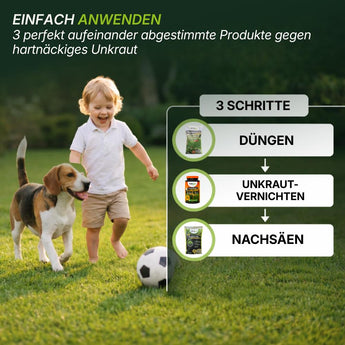 Ein kleiner Junge spielt mit einem Hund und einem Fußball auf einer Wiese. Rechts zeigt TerraUno Sommerset mit Unkrautvernichter eine 3-Schritte-Anleitung: Düngen, Unkraut vernichten, Nachsäen - illustriert mit Produktbildern.