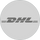 Graues, kreisförmiges Symbol mit dem DHL-Logo in der Mitte mit fetten, großgeschriebenen Buchstaben und drei horizontalen Linien auf jeder Seite, die das globale Logistikunternehmen repräsentieren.