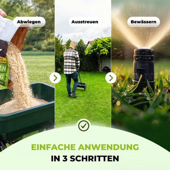 Mit TerraUno Rasenkalk - Angebot: Abwiegen, Ausstreuen, Bewässern. Einfache Anwendung in 3 Schritten für Moosentfernung und optimalen pH-Wert Ihres Rasens.