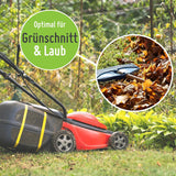 Ein rot-schwarzer Rasenmäher auf Gras neben Grünpflanzen. Eine Beilage zeigt Herbstlaub, eine Harke und den TerraUno Gartensack Set 272 l oder 500 l. Deutscher Text: Optimal für Grünschnitt  Laub.