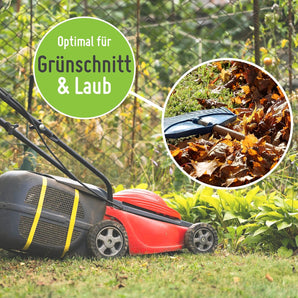 Ein rot-schwarzer Rasenmäher auf Gras neben Grünpflanzen. Eine Beilage zeigt Herbstlaub, eine Harke und den TerraUno Gartensack Set 272 l oder 500 l. Deutscher Text: Optimal für Grünschnitt  Laub.