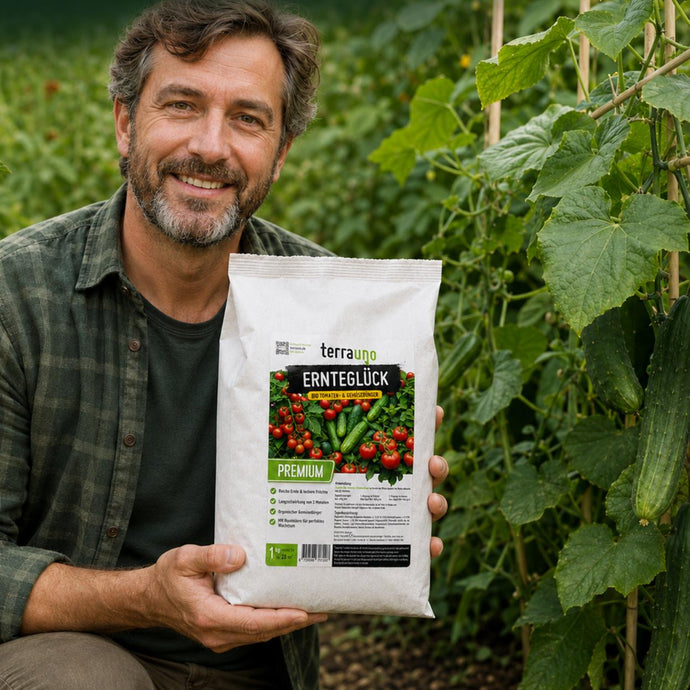 Ein Mann mit Bart lächelt, während er in einem Garten kniet und neben hohen grünen Pflanzen einen Sack „Ernteglück Premium“-Dünger in der Hand hält.