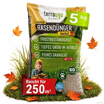 Abgebildet ist ein 5-kg-Sack „TerraUno Premium – Herbst-Rasendünger“ mit einem Text, der dessen Frostbeständigkeit, die Förderung eines tiefgrünen Rasens und die feine Körnung hervorhebt. Dieser Rasendünger mit Kalium von TerraUno reicht für bis zu 250 Quadratmeter.