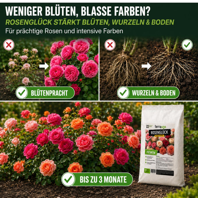 Eine illustrierte Anleitung, die Rosen mit üppigerer Blüte und gesunden Wurzeln zeigt, Vorher-Nachher-Ergebnisse vergleicht und einen Sack Dünger mit der Aufschrift „Rosenglück“ abbildet, wobei der Text die Vorteile für Blüten, Wurzeln und Boden über einen Zeitraum von bis zu drei Monaten hervorhebt.