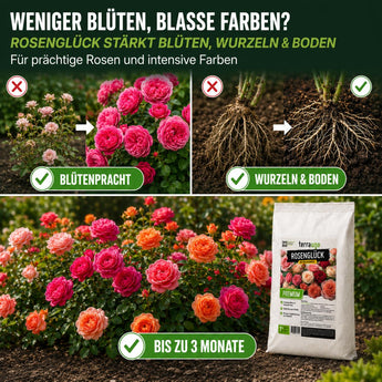 Ein Vergleich zwischen Rosensträuchern mit und ohne TerraUno Rosenglück – Bio-Rosendünger zeigt gesunde Wurzeln und einen Sack Dünger. Die Text-Highlights lauten: mehr Blüten, kräftige Wurzeln, leuchtende Farben und eine Wirkdauer von bis zu 3 Monaten.
