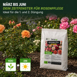 Ein Beutel „TerraUno Rosenglück – Bio-Rosendünger“ wird in einem Rosengarten platziert. Der deutsche Text hebt den optimalen Düngungszeitraum für Rosen von März bis Juni hervor, wobei Symbole das Pflanzenwachstum in diesen Monaten veranschaulichen.