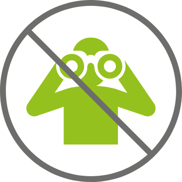 Eine grüne Silhouette einer Person, die durch ein Fernglas schaut, ist mit einem grauen Verbotssymbol durchgestrichen.