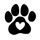 Ein schwarzes Pfotenabdruck-Symbol mit einer Herzform in der Mitte des größten Pads, auf weißem Hintergrund.