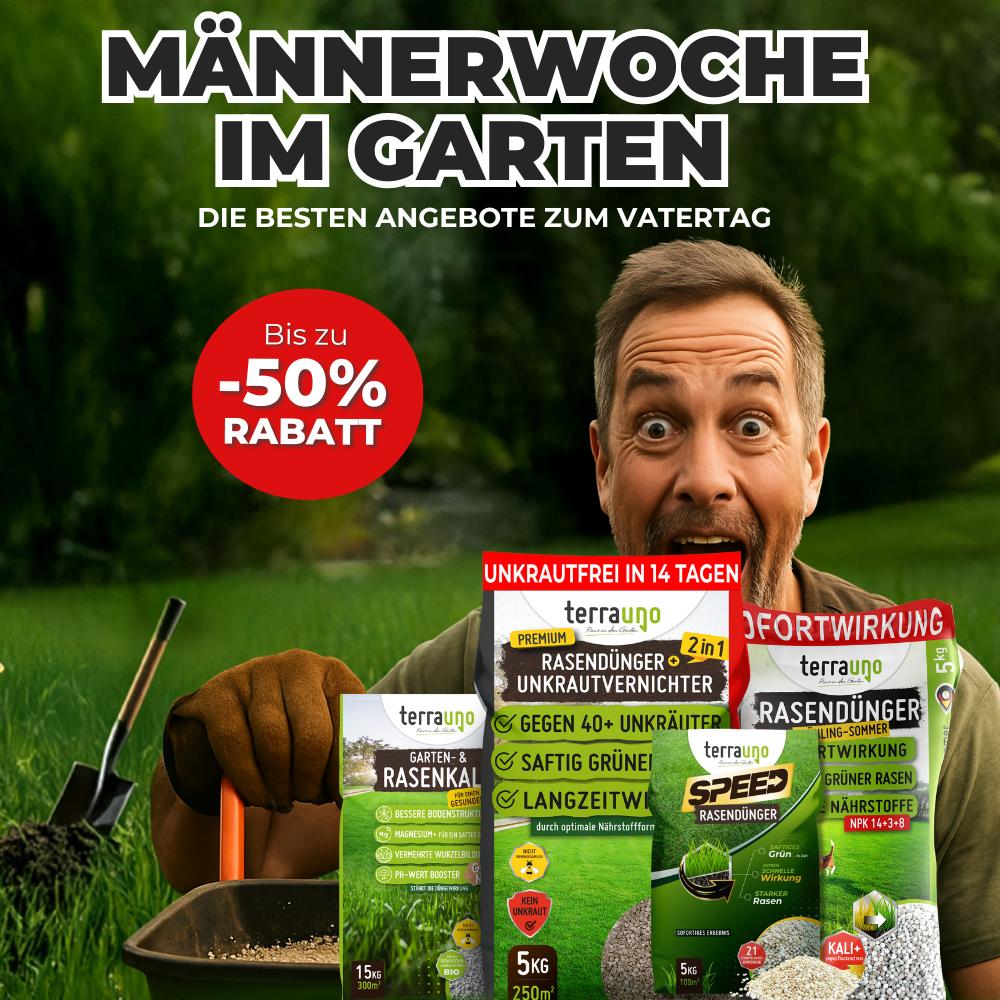 Ein überraschter Mann in einem Garten hält eine Gartenschere hinter verschiedenen Terrasan-Rasenpflegeprodukten. Der Text über ihm wirbt für die Herrenwoche im Garten mit bis zu 50  Rabatt zum Vatertag. Gartengeräte und Grünzeug sind zu sehen.