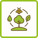 Einfache Illustration eines Baumes, einer Biene, eines Wassertropfens und eines Blattes, alle innerhalb eines grünen Rahmens, als Symbol für Natur, Umwelt und umweltfreundliche Konzepte.