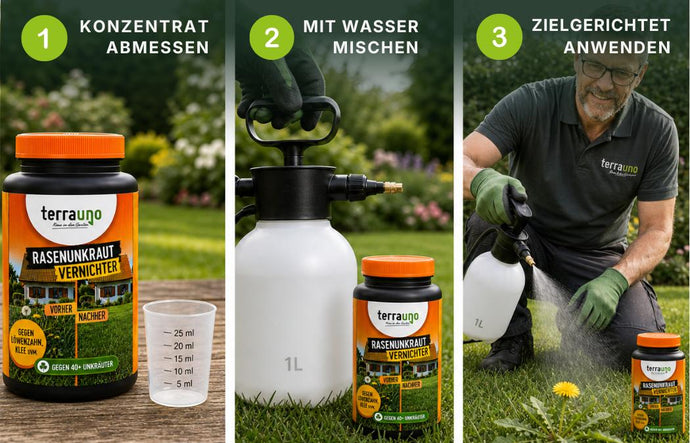 Dreistufige Anleitung zur Anwendung des Rasenunkrautvernichters: 1. Das Konzentrat mit einem Messbecher abmessen, 2. Es in einer Sprühflasche mit Wasser mischen, 3. Mit Handschuhen gezielt aufsprühen.