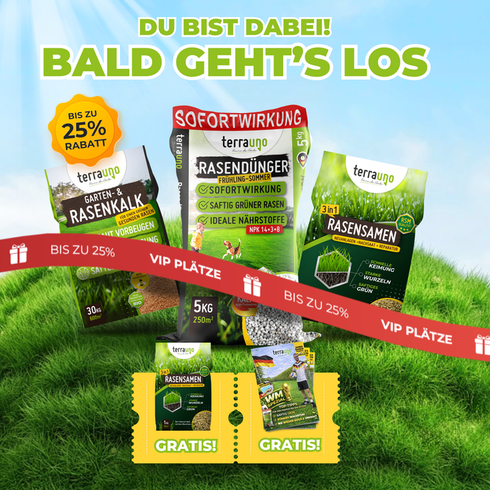 Werbebild für Gartenbauprodukte mit Rasendünger, Grassamen und Rasenkalk auf grünem Gras. Der Text hebt den Soforteffekt, die Ersparnis von bis zu 25  und das kostenlose Saatgut hervor. Gelbe Karten zeigen an, dass die Produkte kostenlos sind.