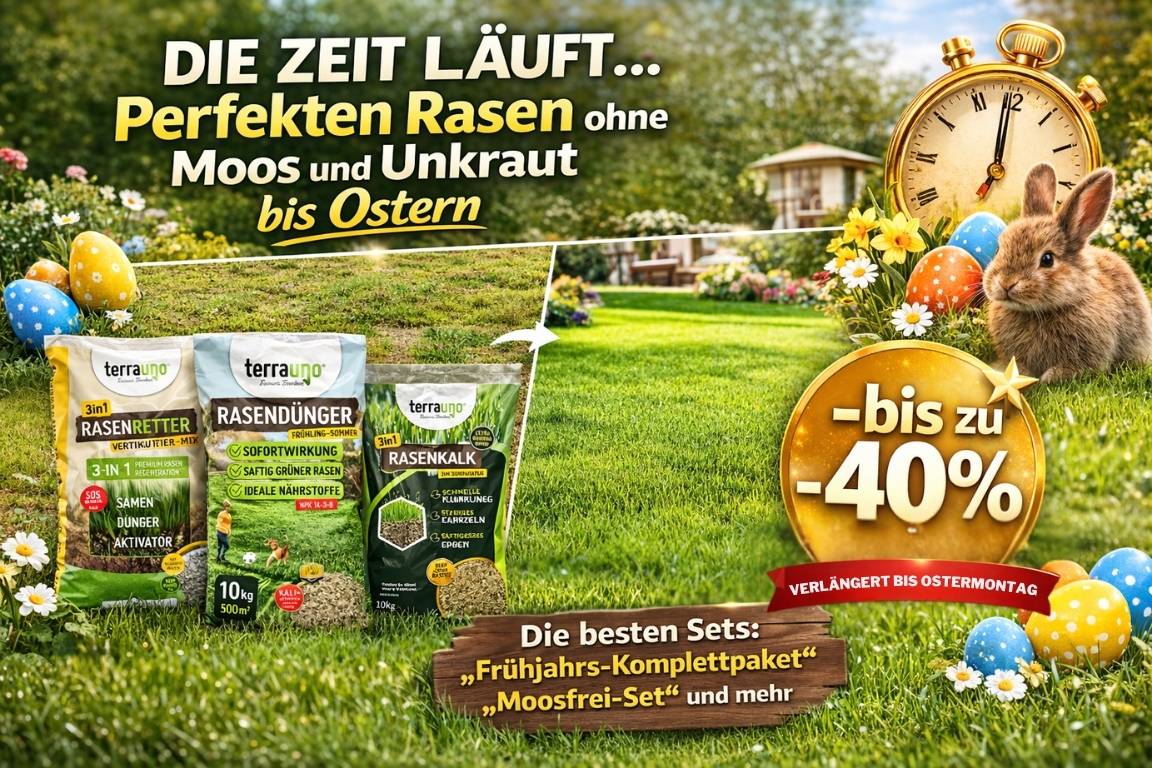 Eine Anzeige zeigt Rasenpflegeprodukte, eine Stoppuhr und ein Kaninchen auf einer Wiese. Der Text wirbt für einen Frühjahrsverkauf mit Rabatten von bis zu 40  auf Sets für einen perfekten Rasen ohne Moos und Unkraut noch vor Ostern.