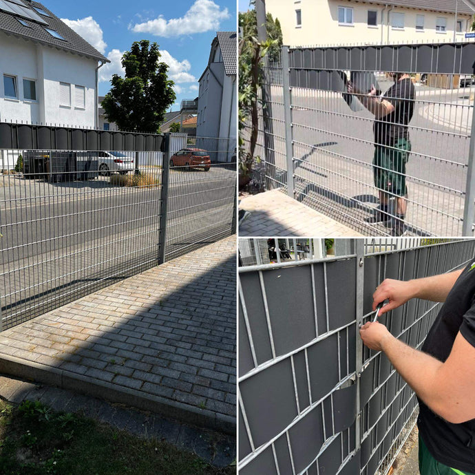 Eine Collage zeigt einen Metallzaun neben einem Gehweg. Ein Bild zeigt eine Person, die einen Teil des Zauns befestigt, ein anderes zeigt sie bei der Arbeit mit einem Werkzeug, und das größte Bild zeigt den fertigen Zaun neben einer ruhigen Straße.