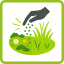 Illustration einer Hand, die Samen auf Gras und Pflanzen streut, mit Blumen und Grünzeug, alles innerhalb eines grün umrandeten Quadrats.