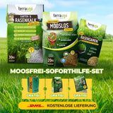 Werbebild für das TerraUno Moosfrei Soforthilfe Set, bestehend aus Rasenkalk, Mooslos, Rasensamen, drei Gratisprodukten und einem Banner für den kostenlosen DHL Versand. Ideal für effektive Moosbekämpfung und gesunden Rasen.
