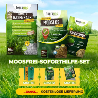 Werbebild für das TerraUno Moosfrei Soforthilfe Set, bestehend aus Rasenkalk, Mooslos, Rasensamen, drei Gratisprodukten und einem Banner für den kostenlosen DHL Versand. Ideal für effektive Moosbekämpfung und gesunden Rasen.