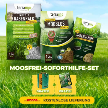 Drei grüne TerraUno Moosfrei Soforthilfe Set Tüten stehen auf dem Rasen. Darunter zeigen zwei gelbe "Gratis"-Gutscheine und das DHL-Logo den kostenlosen Versand an.