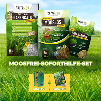 Das Moosfrei-Soforthilfe-Set von TerraUno zeigt Gartenkalk, Moosentferner und Grassamen auf einer Wiese, mit dem unten abgebildeten Text "Moosfrei-Soforthilfe-Set" und zwei gelben Messlöffeln gratis.