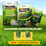 Drei TerraUno Gartensäcke - Garten-  Rasenkalk, Mooslos und 3in1 Rasensamen - sind auf dem Rasen abgebildet. Unten wirbt ein Banner für das Moosfrei Soforthilfe Set zur effektiven Rasenpflege und Moosbekämpfung mit Gratis-Geschenken und kostenlosem DHL-Versand.