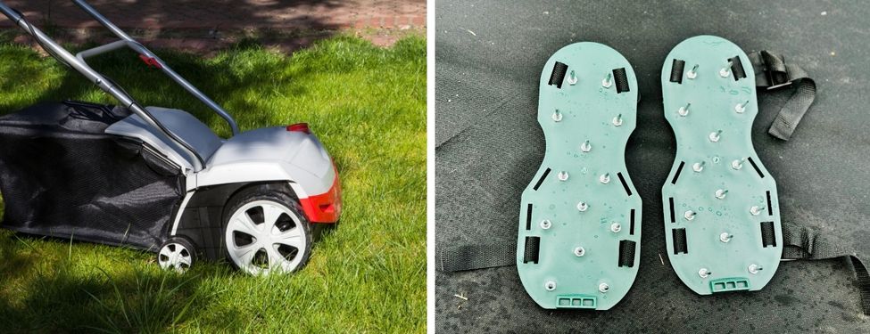 Links Rasenlüfter, rechts Nagelschuhe zum Aerifizieren