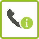 Ein Telefonhörer-Symbol mit einem grünen Informationssymbol daneben, umgeben von einem grünen quadratischen Rahmen auf weißem Hintergrund.