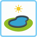 Cartoon-Illustration eines kleinen, unregelmäßig geformten Teichs auf grünem Gras, über dem die Sonne scheint, innerhalb eines hellblauen quadratischen Rahmens.