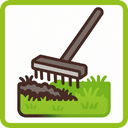 Illustration einer Gartenharke, die den Boden auf einer grünen Rasenfläche bearbeitet, mit braunem Stiel und Metallzinken, innerhalb eines grün umrandeten Quadrats.
