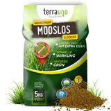 Ein 5kg-Sack TerraUno Rasendünger mit Eisen - Mooslos Glücklich - Angebot, mit Bildern von grünem Gras und Granulat. Highlights sind die Moosbekämpfung, die schnelle Wirkung, der sattgrüne Rasen, das zusätzliche Eisen und die Abdeckung von 150 m².