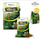 Zwei grüne TerraUno Rasendünger mit Eisen - Mooslos Glücklich - Angebot Säcke 20kg  10kg mit verschüttetem Granulat, sowie eine kleine grüne Rasensamenbox rechts mit einem gelben "Gratis"-Etikett - ideal für tiefgrüne Rasenflächen  Moosentfernung.