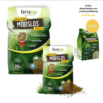 Zwei grüne TerraUno Rasendünger mit Eisen - Mooslos Glücklich - Angebot Säcke 20kg  10kg mit verschüttetem Granulat, sowie eine kleine grüne Rasensamenbox rechts mit einem gelben "Gratis"-Etikett - ideal für tiefgrüne Rasenflächen  Moosentfernung.