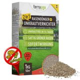 Eine Schachtel TerraUno Unkrautvernichter mit Rasendünger - Angebot zeigt grünes Gras, Düngergranulat, Symbole für schnelle Wirkung und Unkrautentfernung sowie einen durchgestrichenen Löwenzahn. Der deutsche Text verspricht unkrautfreie Ergebnisse in 14 Tagen.