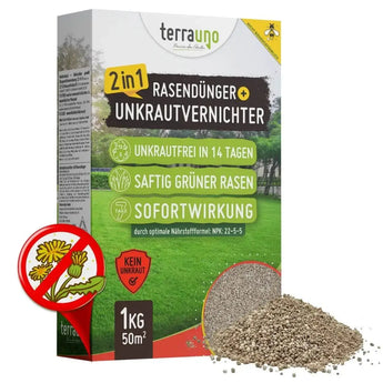 Eine Schachtel TerraUno Unkrautvernichter mit Rasendünger - Angebot zeigt grünes Gras, Düngergranulat, Symbole für schnelle Wirkung und Unkrautentfernung sowie einen durchgestrichenen Löwenzahn. Der deutsche Text verspricht unkrautfreie Ergebnisse in 14 Tagen.