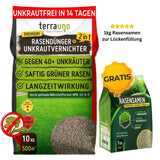Eine TerraUno Unkrautvernichter mit Rasendünger - Angebotstüte mit der Aufschrift "unkrautfrei in 14 Tagen" steht neben einer GRATIS Rasensamenschachtel, die den kostenlosen Versand und einen üppigen grünen Rasen hervorhebt.