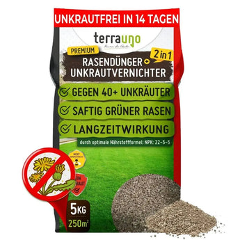 TerraUno Unkrautvernichter mit Rasendünger - Angebot: Entfernt 40+ Unkräuter, sorgt in 14 Tagen für einen dichten, unkrautfreien Rasen. Granulat-Formel, 5 kg für bis zu 250 m² - Langanhaltende Ergebnisse.