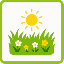 Illustration einer leuchtend gelben Sonne, die über grünes Gras mit weißen und gelben Blumen scheint, umrahmt von einem grünen Rand.
