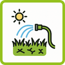 Illustration einer Sonne, die über grünes Gras scheint, das mit einem Gartenschlauch bewässert wird, innerhalb eines grün umrandeten Platzes.