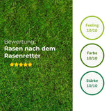 Ein saftig grüner Rasen mit drei kreisförmigen Bewertungen auf der rechten Seite: Feeling 10/10, Farbe 10/10, Stärke 10/10-perfekt für Rasenretter  Vertikutiermix von TerraUno. Links steht Bewertung Rasen nach dem Rasenretter mit fünf gelben Sternen.