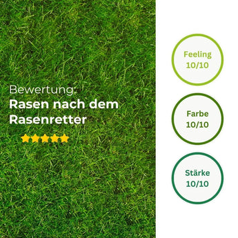 Ein saftig grüner Rasen mit drei kreisförmigen Bewertungen auf der rechten Seite: Feeling 10/10, Farbe 10/10, Stärke 10/10-perfekt für Rasenretter  Vertikutiermix von TerraUno. Links steht Bewertung Rasen nach dem Rasenretter mit fünf gelben Sternen.