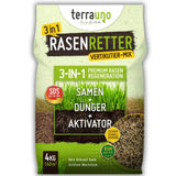 TerraUno Rasenretter  Vertikutiermix kombiniert Saatgut, Dünger und Aktivator zur schnellen Rasenregeneration und Unkrautbekämpfung. Der 4kg-Sack reicht für 140m² und garantiert Premium-Qualität.