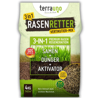 TerraUno Rasenretter  Vertikutiermix kombiniert Saatgut, Dünger und Aktivator zur schnellen Rasenregeneration und Unkrautbekämpfung. Der 4kg-Sack reicht für 140m² und garantiert Premium-Qualität.