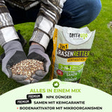 Eine Person mit Handschuhen hält Rasendüngergranulat neben einem TerraUno Rasenretter  Vertikutiermix-Sack mit Rasensamen für eine effektive Rasenregeneration.